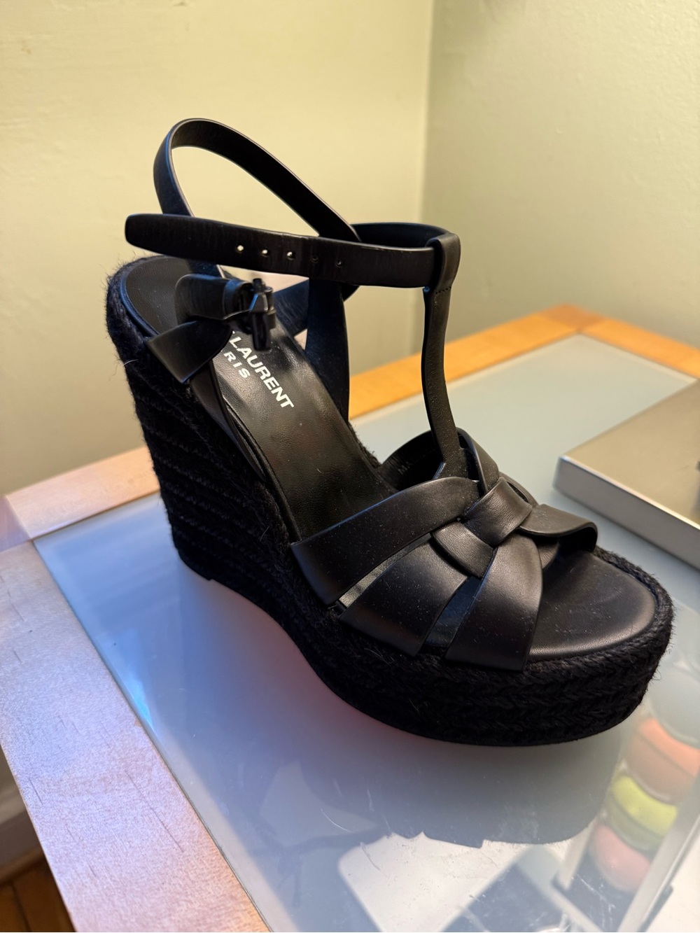 Saint Laurent Black Leather Braided Platform Slingback Sandals - Picture 2 of 7